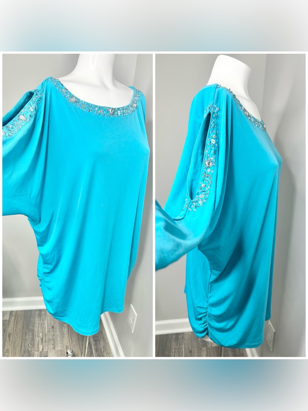 Susan Graver blue  Cold-Shoulder Tunic with Beaded Trim-2X